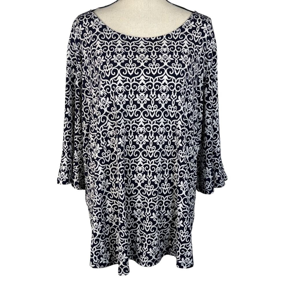 Dressbarn 3X-Large Top Geometric Stretch 3/4 Bell Sleeve Boat Neck Zip Navy Blue